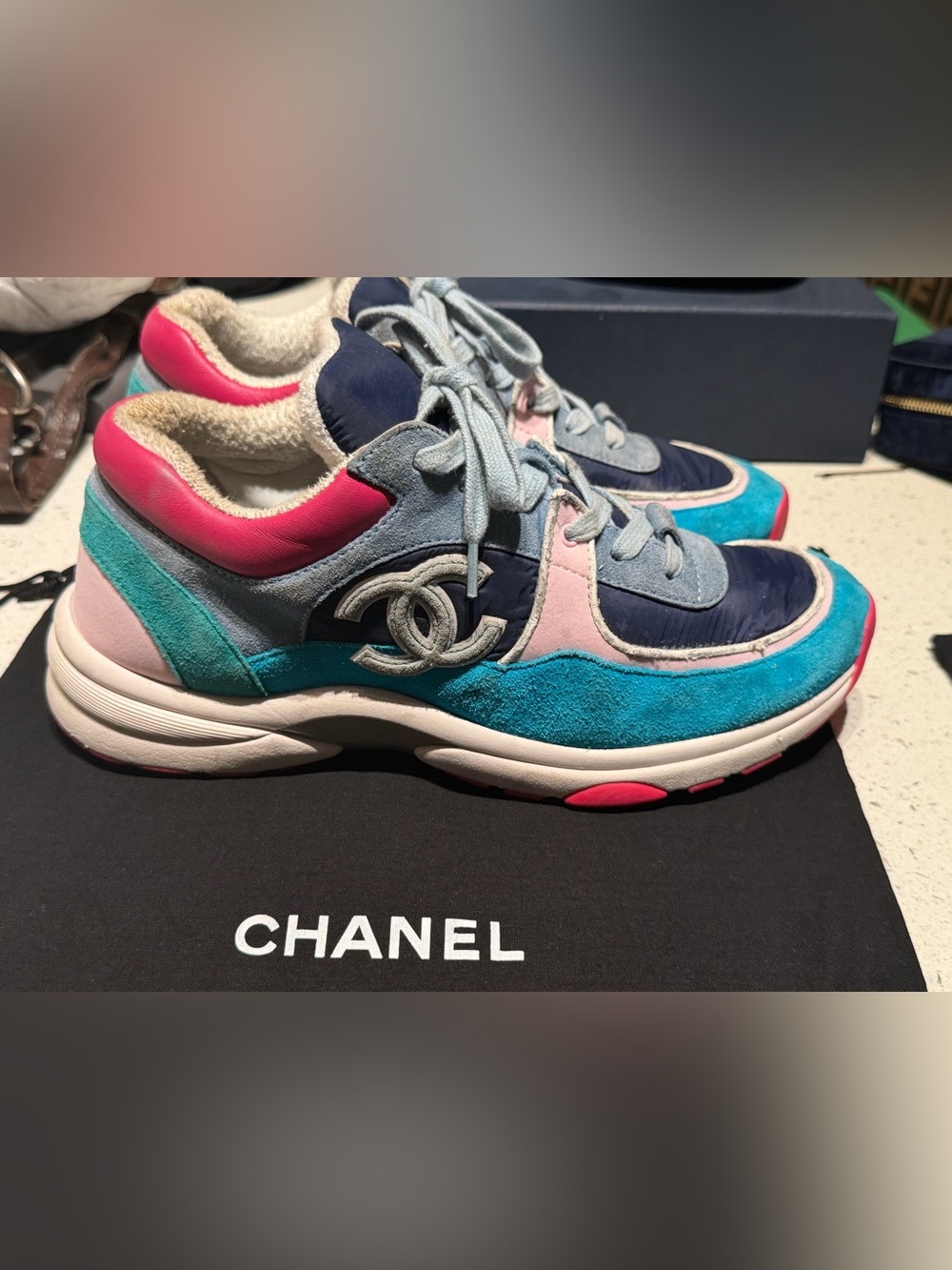 CHANEL Navy, Pink & Turquoise Low-Top Logo Sneakers